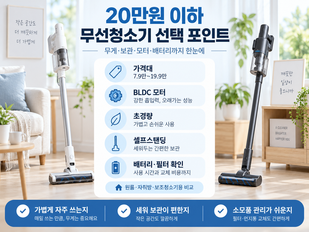 20만원 이하 무선청소기 추천 6종 비교, BLDC·초경량·셀프스탠딩 가격과 기능 차이