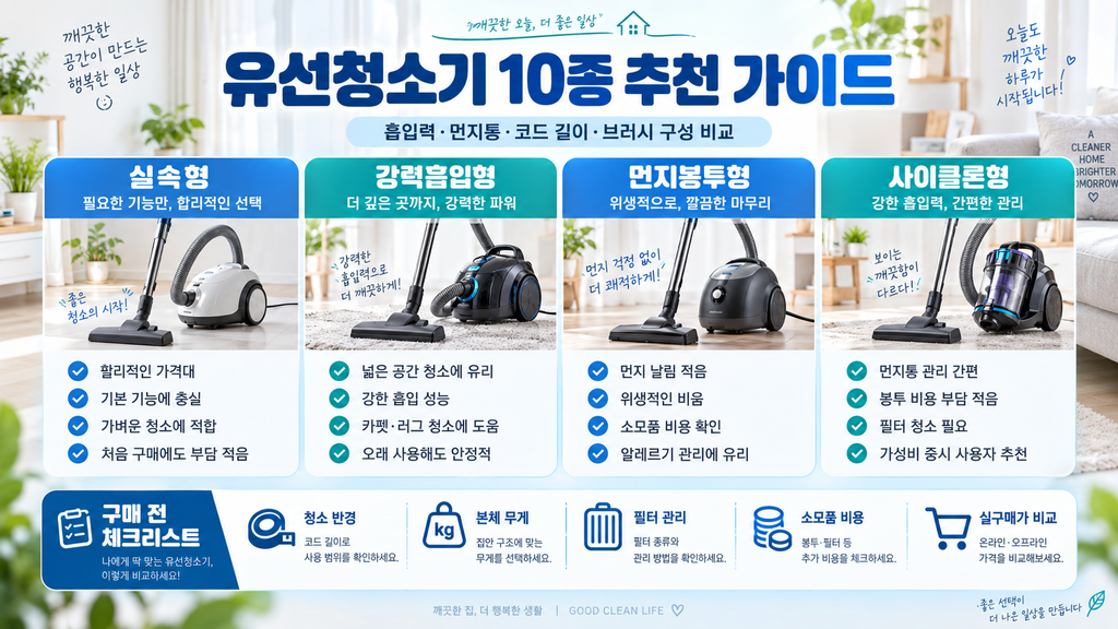 유선청소기 추천 10종 비교, 가성비 유선 청소기 가격·흡입력·먼지통 선택 가이드