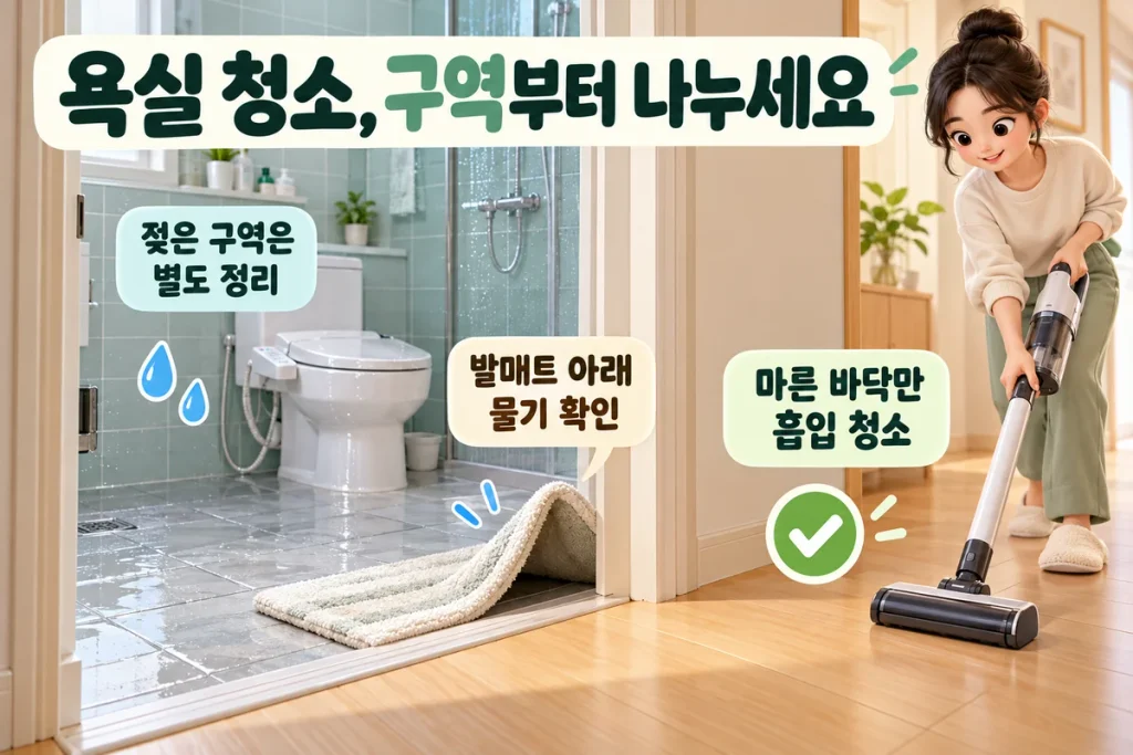 욕실 청소 전후 청소기 사용 구역 나누기, 물기·발매트·도구 이동 순서