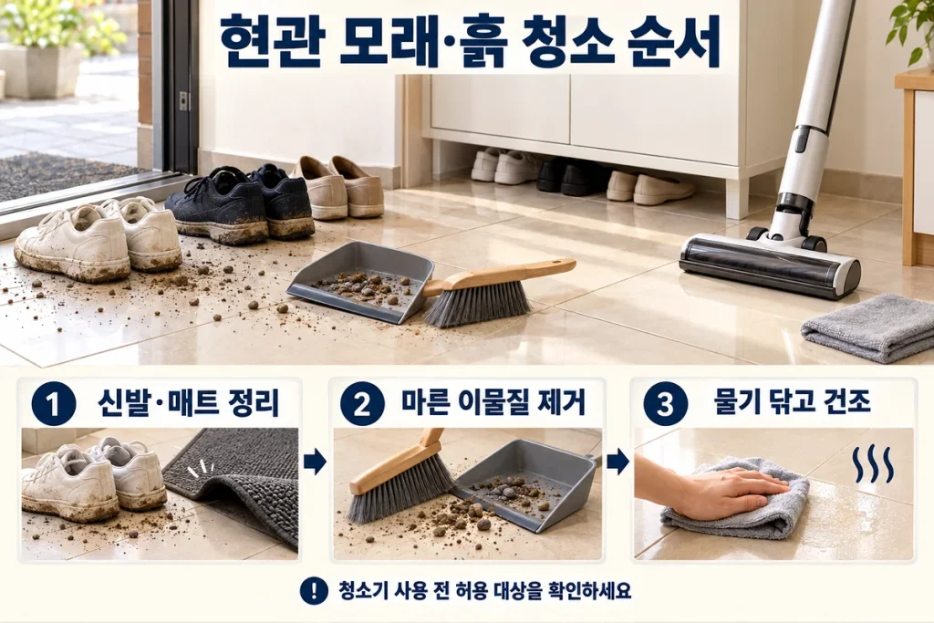 현관 모래·흙 청소 순서, 신발 정리부터 청소기 사용 후 관리까지