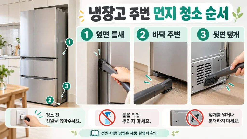 냉장고 주변 먼지 청소 순서, 옆면 틈새·바닥·뒷면 덮개 관리