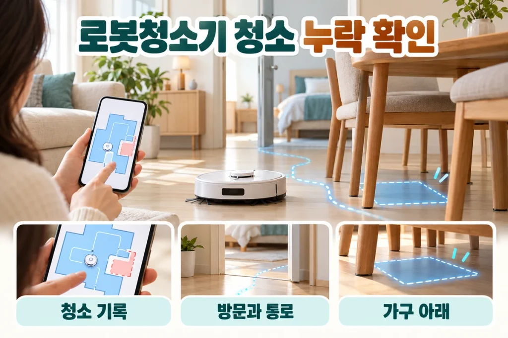 로봇청소기 청소 누락 구역 확인법, 청소 기록·방문·가구 아래를 비교하세요