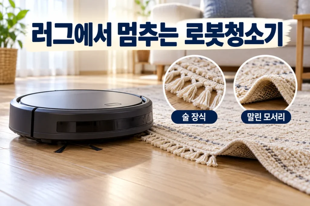 로봇청소기 러그에서 멈출 때, 술 장식·말린 모서리·물걸레 설정 확인 순서