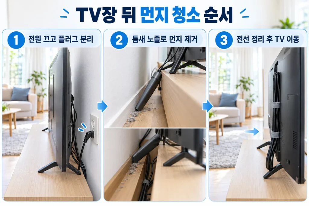 TV장 뒤 먼지 청소 방법, 청소기 틈새 노즐과 전선 정리 순서