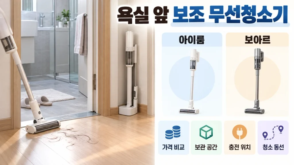 욕실 앞 머리카락 보조 무선청소기, 아이룸·보아르 2종 보관과 가격 비교
