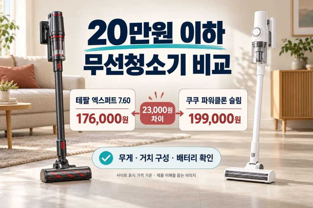 20만원 이하 브랜드 무선청소기 비교, 테팔 엑스퍼트 7.60·쿠쿠 파워클론 슬림 선택 기준