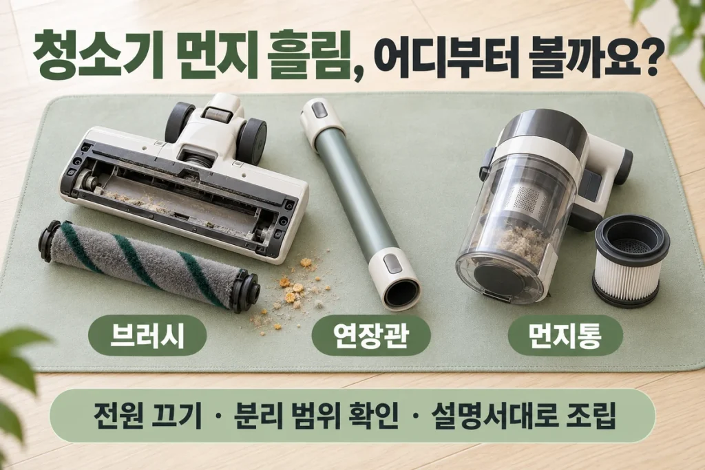 청소기 헤드에서 먼지가 다시 떨어질 때, 브러시·연장관·먼지통 확인 순서