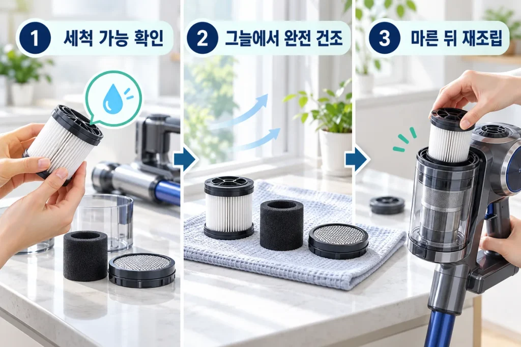 무선청소기 필터 세척 후 건조 방법, 다시 끼우기 전 확인할 점