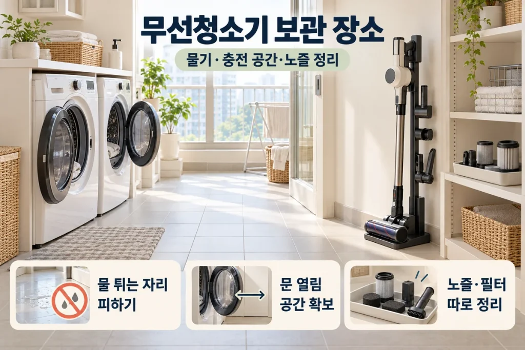 무선청소기 보관 장소 고르는 법, 세탁실 물기·충전 공간·노즐 정리
