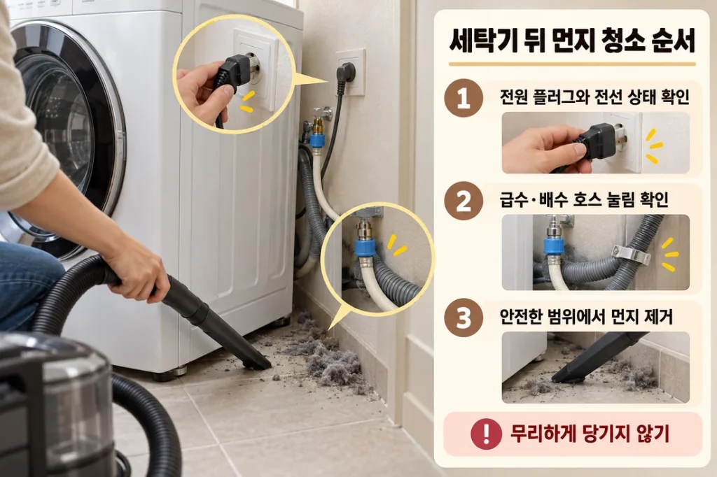 세탁기 뒤 먼지 청소 방법, 청소기 사용 전 전원선·호스 확인 순서