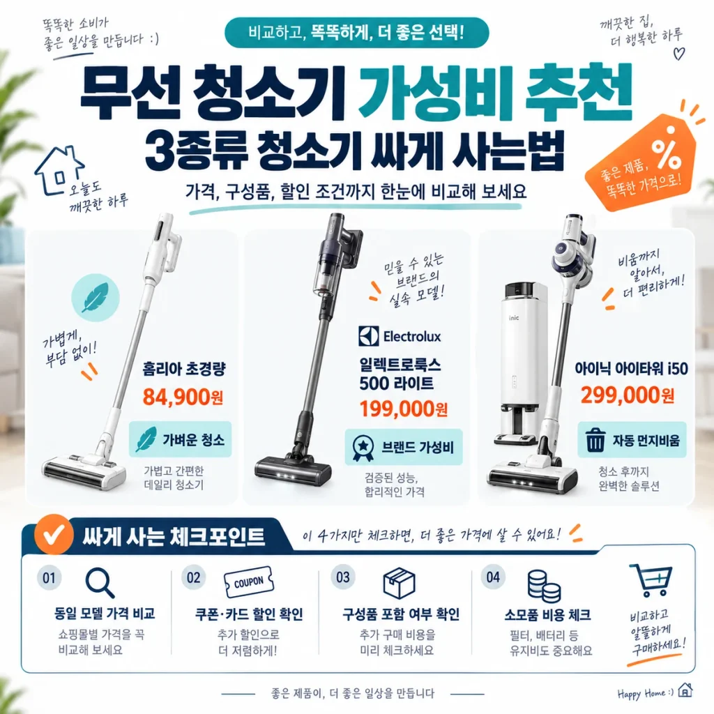 무선 청소기 가성비 추천, 3종류 청소기 싸게 사는법