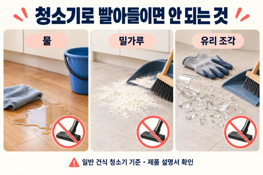 청소기로 빨아들이면 안 되는 것, 물·밀가루·유리 조각 처리 방법